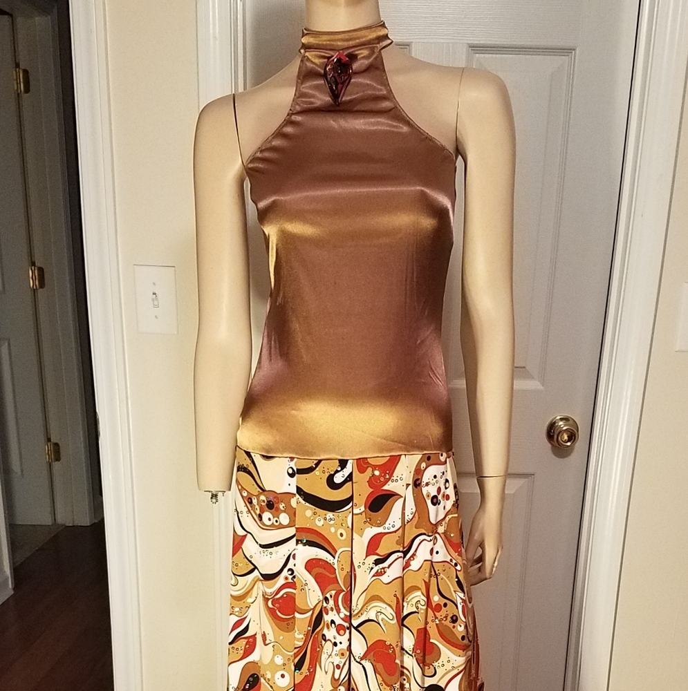 Floor length halter dress in gold S/M